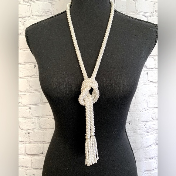 🔴Faux Pearl Lariat Necklace and Mesh Stretch Bracelet Set - Picture 2 of 5